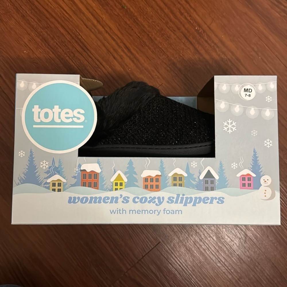 New in Box totes Women’s slippers, faux fur black textured with silver sparkles